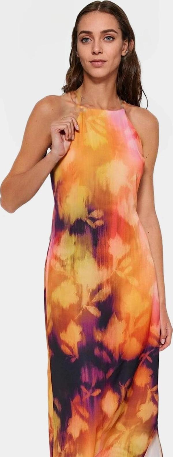 Halter Yaka Kolsuz Midi Elbise Soyut Desenli Dokuma Polyester Yazlık Şık Görünüm Uzun Ömürlü - Image 1
