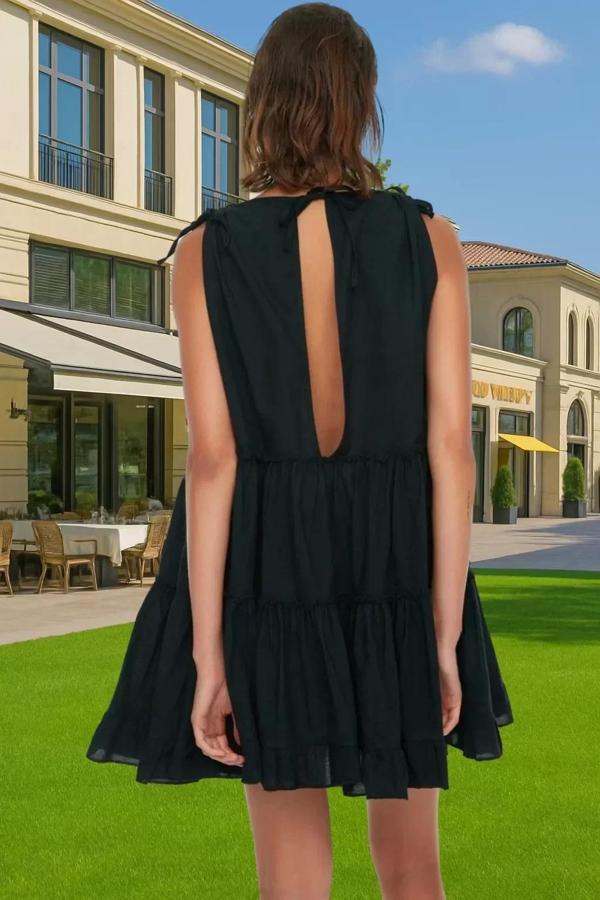 Pamuklu V Yaka Mini Elbise Geniş Kalıp Fırfırlı Yazlık Elbise Şık Görünüm Dayanıklı Malzeme - Image 1