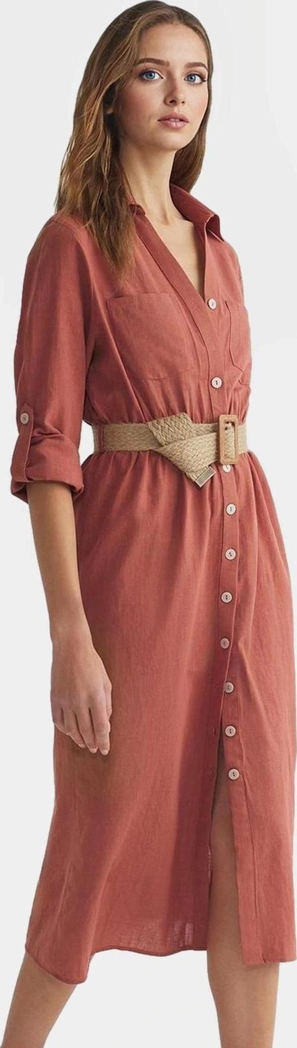 Pamuklu Kemerli Gömlek Elbise Midi Boy Günlük Şıklık Yüksek Kalite Özenle Seçilmiş - Image 1