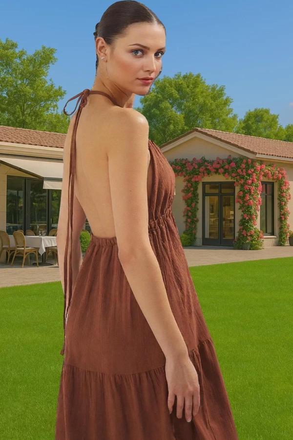 Şık Kadın Yazlık Maxi Elbise Pamuklu Crinkle Dokuma A Line Uzun Ömürlü Günlük Kullanım İçin - Image 1