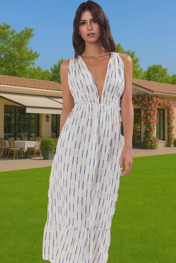 Kolsuz V Yaka Çizgili Maxi Elbise Pamuk Dokuma Yazlık Uzun Ömürlü Özenle Seçilmiş Premium Kalite - Image 1