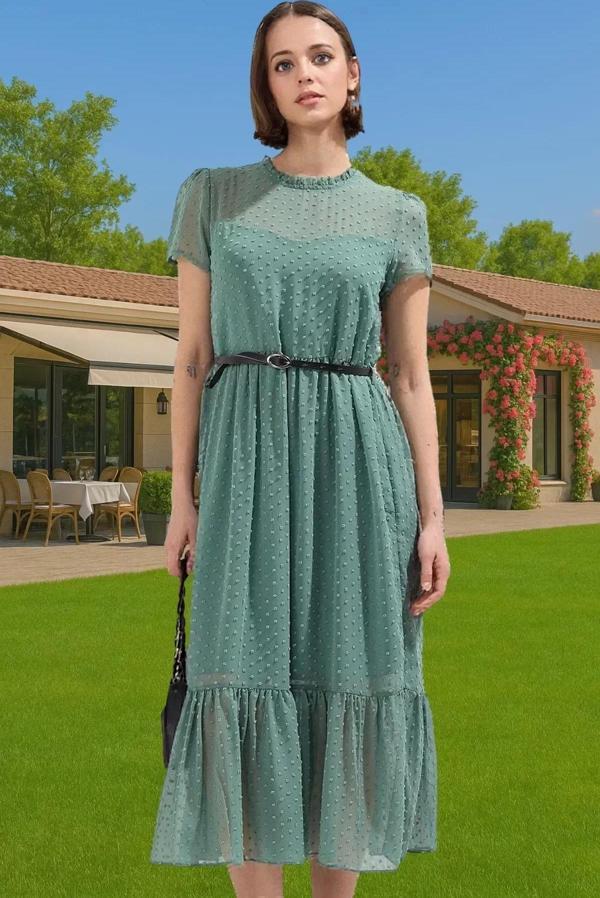 Kadın Şifon A Kesim Kemerli Midi Elbise Astarlı Dik Yaka Şık Görünüm Kaliteli İşçilik Konforlu Kesim - Image 1