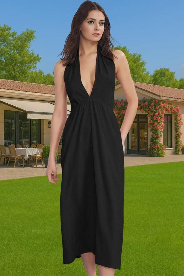 Yazlık Kolsuz V Yaka Maxi Plaj Elbisesi Kadın Bubble Krep Kaliteli İşçilik Zarifane Tasarım - Image 1