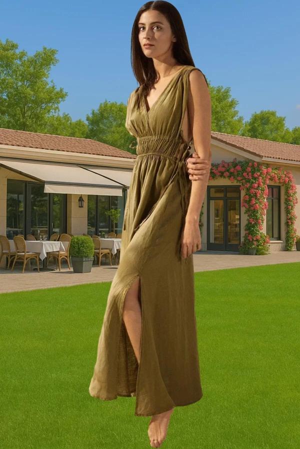 Rahat Keten Maxi Elbise Büzgü Detaylı Yazlık Plaj Giysisi Modern Stil Trend Tasarım - Image 1