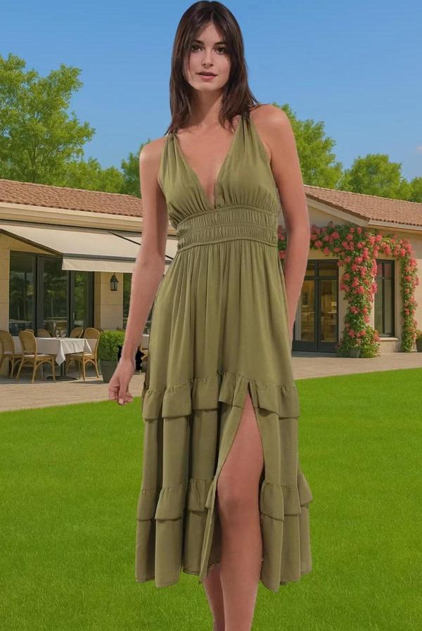 Kadın Yazlık Plaj Elbisesi Volanlı Haki Maxi Elbise Rahat Rahat Kullanım Uzun Ömürlü Modern Stil - Image 1