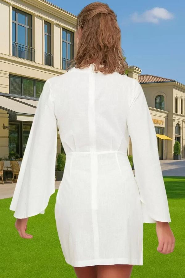 Kadın V Yaka Bağlamalı Pamuklu Mini Elbise Plaj Şıklığı Premium Kalite Kaliteli İşçilik - Image 1