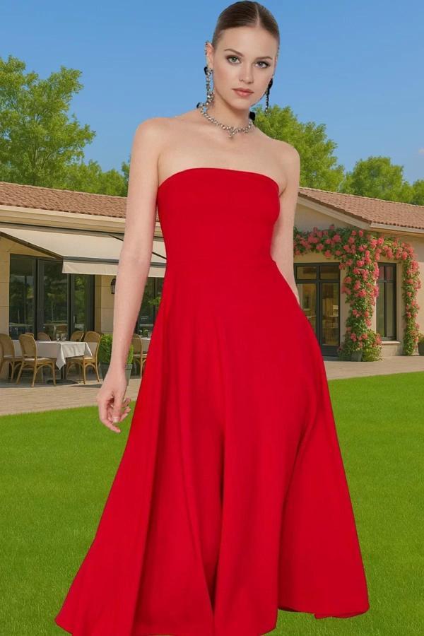 Şık A Kesim Straplez Midi Elbise Finike Dokuma Polyester Elastan Konforlu Kesim Rahat Ve Şık - Image 1