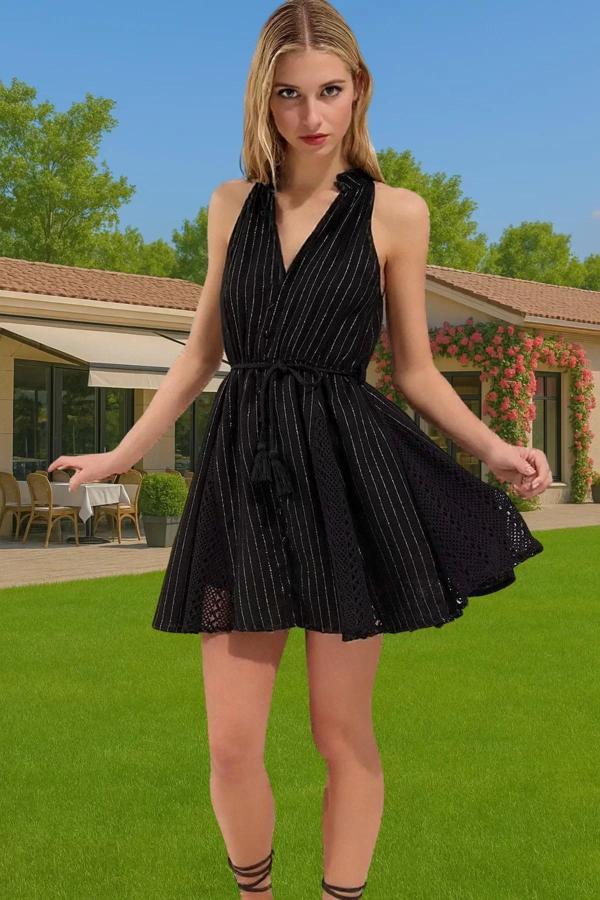 Kadın Müslin Plaj Elbisesi Volanlı Mini Halter Yaka Yazlık Günlük Kullanım İçin Seçkin Malzeme - Image 1