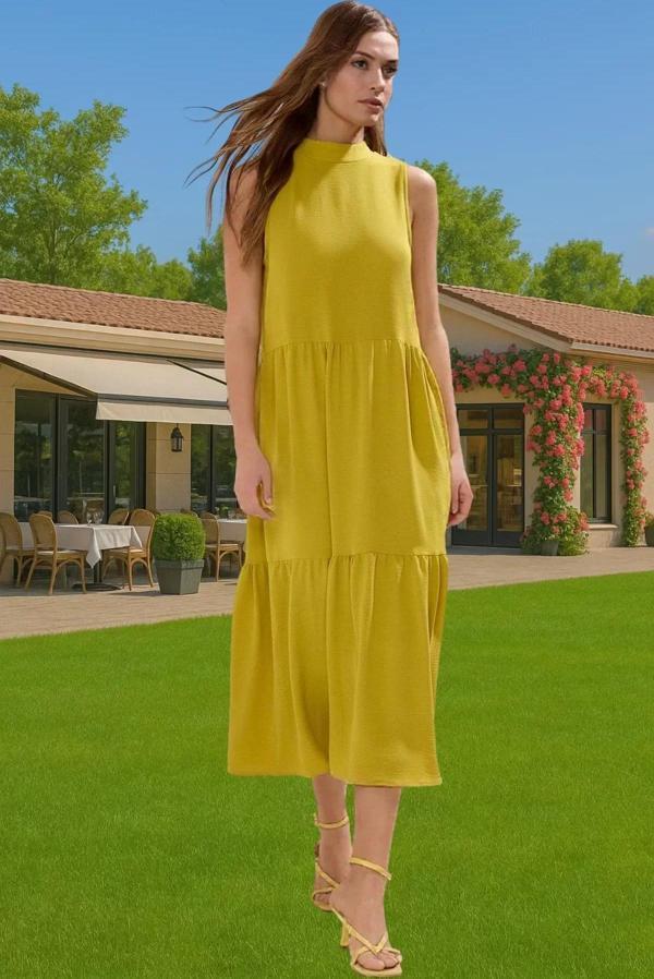 Kadın Şık Düz Kesim Kolsuz Midi Elbise Polyester Kumaş Nefes Alabilir Şık Görünüm Kaliteli İşçilik - Image 1