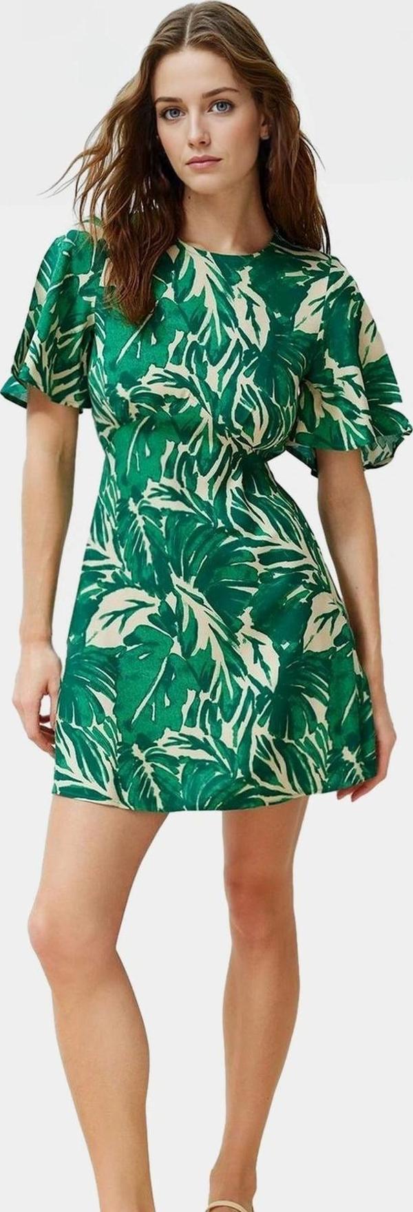 A Kesim Kısa Kollu Mini Elbise Tropikal Desenli Viskoz Kumaş Mükemmel Uyum Uzun Ömürlü - Image 1