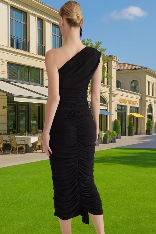 Özel Kesim Tek Omuzlu Sandy Dokuma Midi Abiye Elbise Özenle Seçilmiş Özel Tasarım Rahat Ve Şık - Image 1