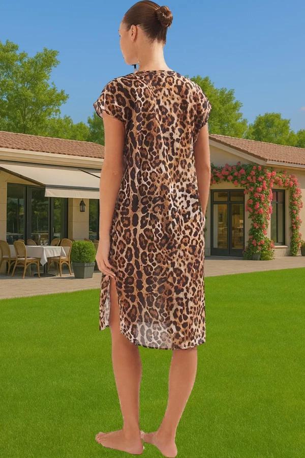 Rahat %100 Pamuk Leopar Desenli Maxi Elbise Plaj ve Günlük Kullanım Zarifane Tasarım Trend Tasarım - Image 1