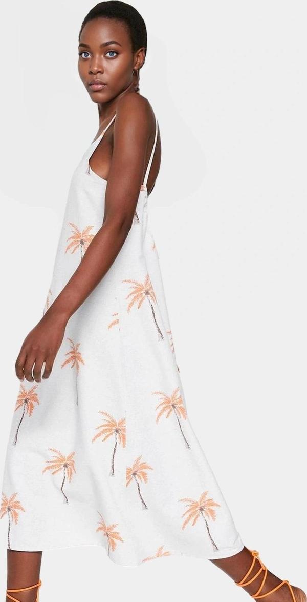 Çiçekli Desenli Keten Görünümlü Midi Elbise Viskoz Kumaş Rahat Şık Yazlık Kullanım - Image 1