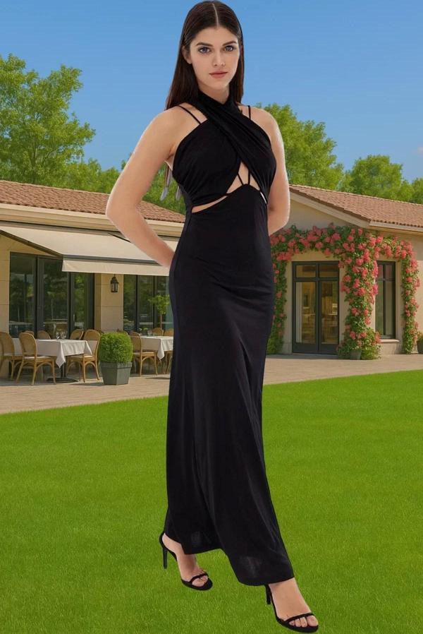 Halter Yaka Cut Out Detaylı Örme Abiye Elbise Polyester Yazlık Özel Tasarım Modern Stil Modern Stil - Image 1