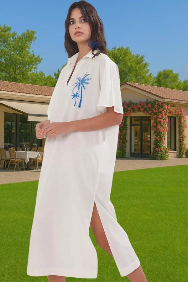 Pamuk Vual Maxi Plaj Elbisesi Rahat Kalıp Nakışlı Yazlık Günlük Kullanım İçin Konforlu Kesim - Image 1