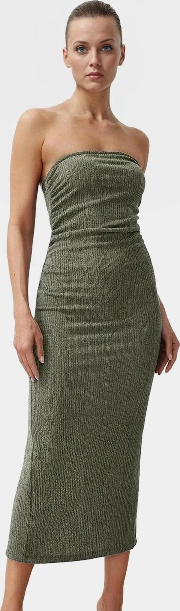 Straplez Bodycon Elbise Esnek Örme Kumaş Midi Boy Yazlık Konforlu Kesim Dayanıklı Malzeme - Image 1
