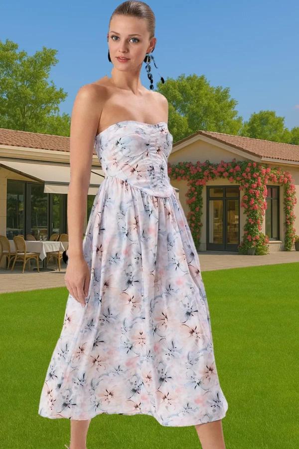 Midi Boy Poplin Abiye Elbise Çiçek Desenli Straplez Astarlı Şık Görünüm Premium Kalite Trend Tasarım - Image 1