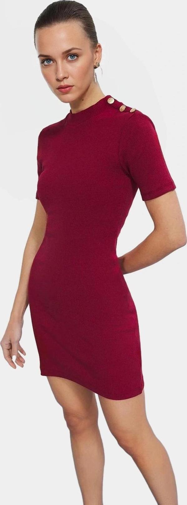 Kaşkorse Örme Mini Elbise Vücuda Oturan Düğmeli Kısa Kol Rahat Ve Şık Konforlu Kesim - Image 1