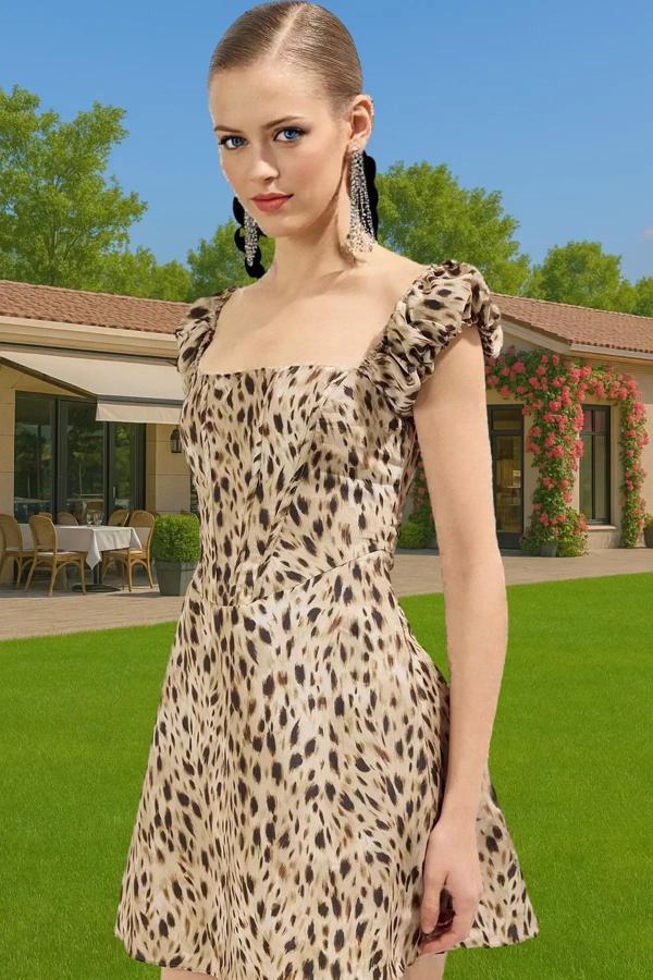 Kısa A Kesim Animal Desenli Poplin Elbise Yazlık Günlük Şık Şık Görünüm Modern Stil Kaliteli İşçilik - Image 1