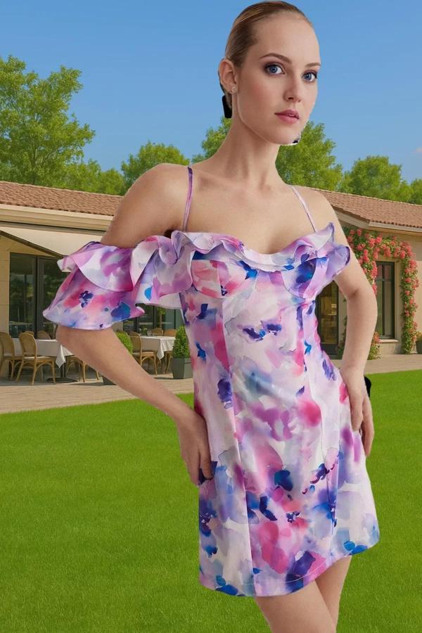 Çiçek Desenli Mini Abiye Elbise Vücuda Oturan Poplin Kumaştan Dayanıklı Malzeme Şık Görünüm - Image 1