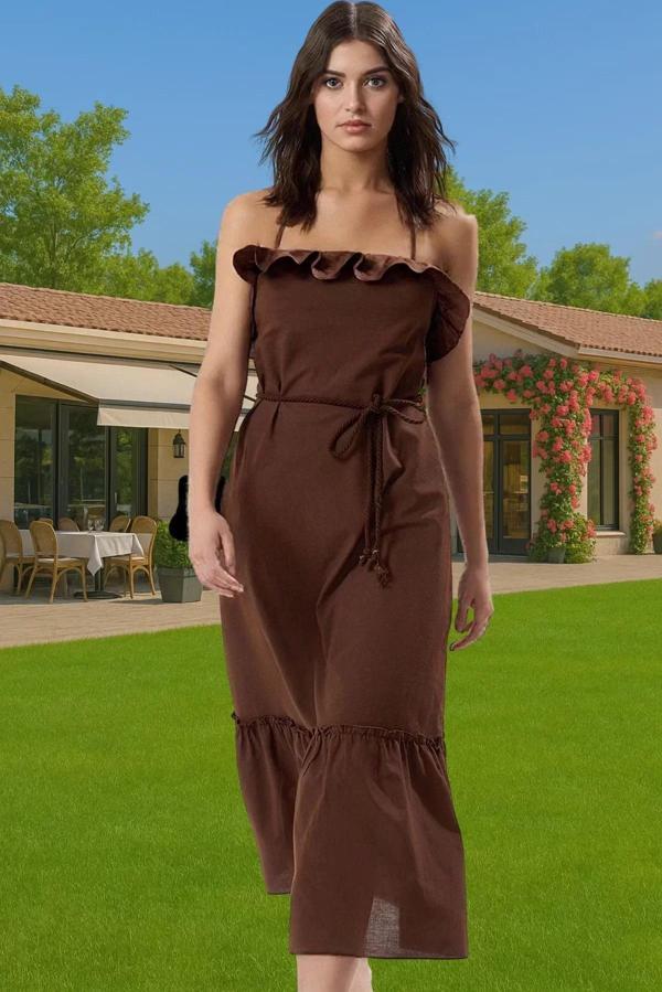 A line Maxi Pamuk Plaj Elbisesi Kare Yaka Volanlı Detaylı Yazlık Trend Tasarım Premium Kalite - Image 1