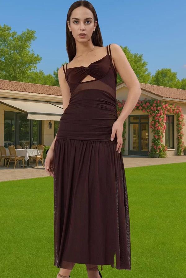 A Line V Yaka Tül Midi Abiye Elbise Örme Kumaş Yazlık Mezuniyet Trend Tasarım Zarifane Tasarım - Image 1