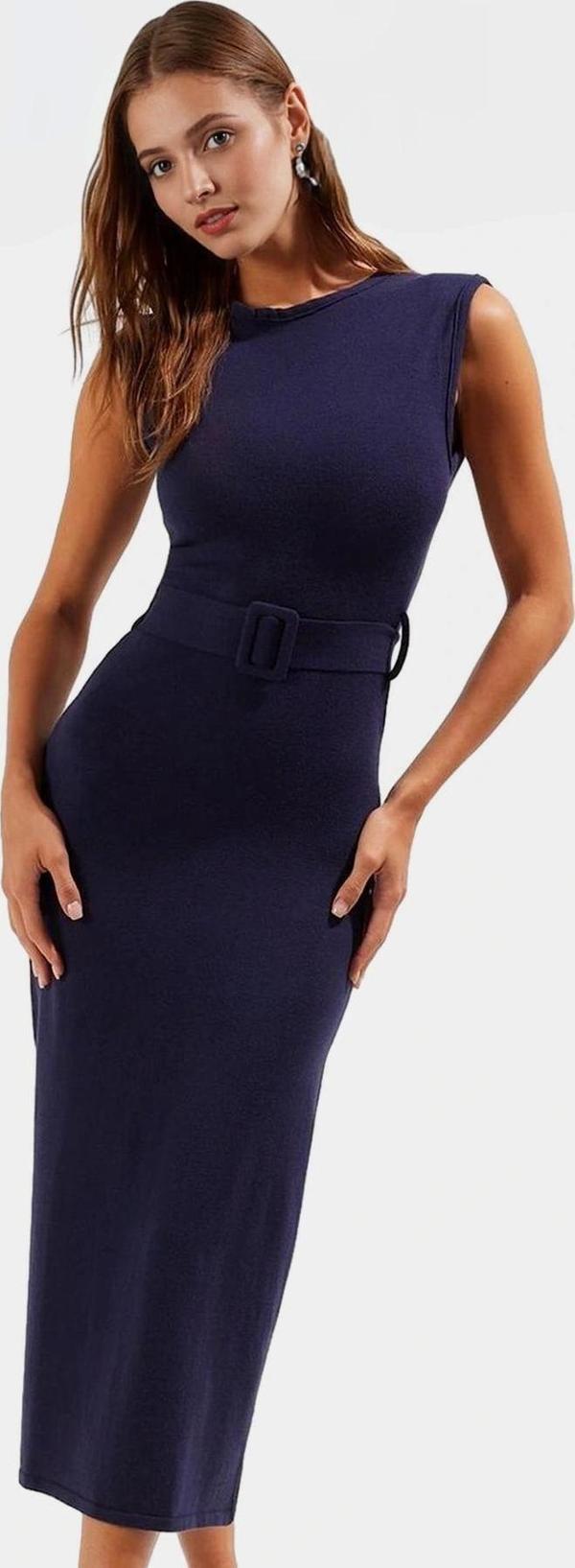 Yazlık Triko Midi Elbise Bodycon Kesim Bisiklet Yaka Kemer Detayı Uzun Ömürlü - Image 1