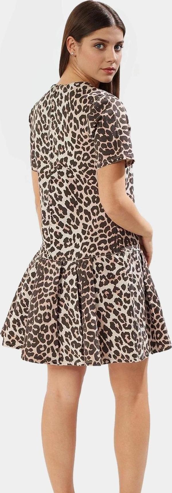 Yazlık Kısa Kollu Çok Leopar Desenli Denim Mini Elbise Fırfırlı Premium Kalite - Image 1