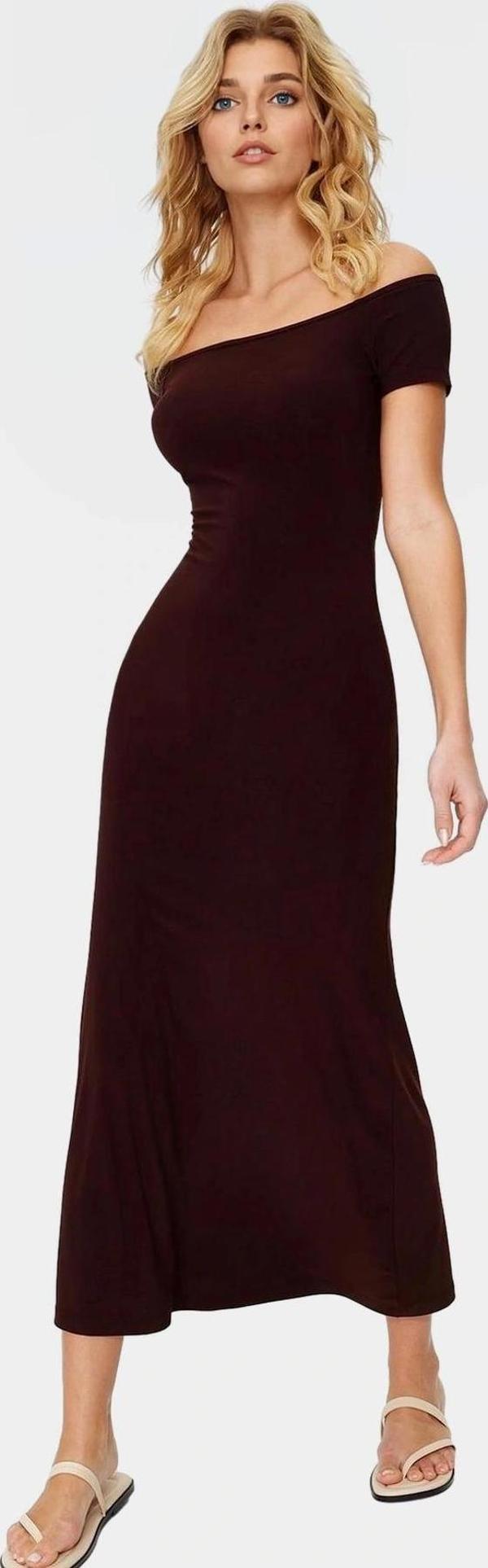 Yazlık Bodycon Maxi Elbise 96% Polyester Carmen Yaka Kısa Kollu Yüksek Kalite - Image 1