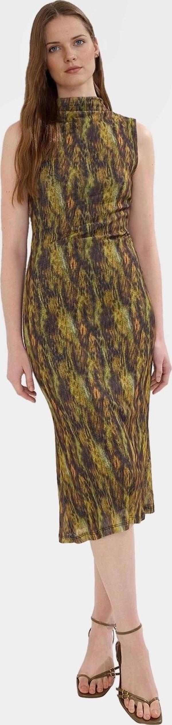 Yazlık Kolsuz Bodycon Kalem Elbise Dik Yaka Leopar Desenli Midi Boy Polyester Zarifane Tasarım - Image 1