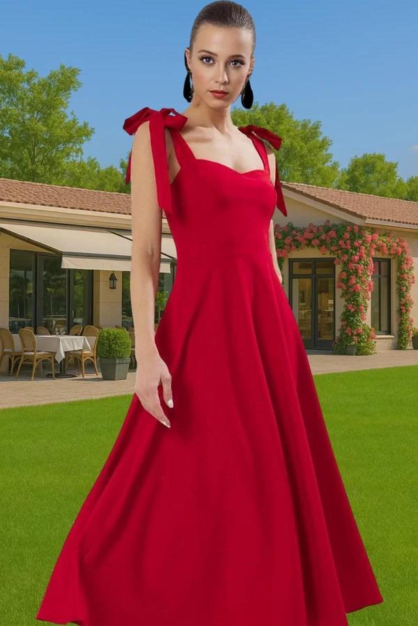 Feminen A Kesim Midi Abiye Elbise Polyester Elastan Dokuma Kumaştan Günlük Kullanım İçin - Image 1