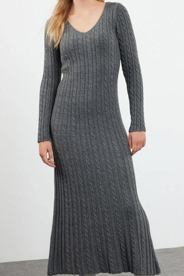 Moda Stil Regular V Yaka Maxi Boy Triko Saç Örgü Basic Elbise - Image 1