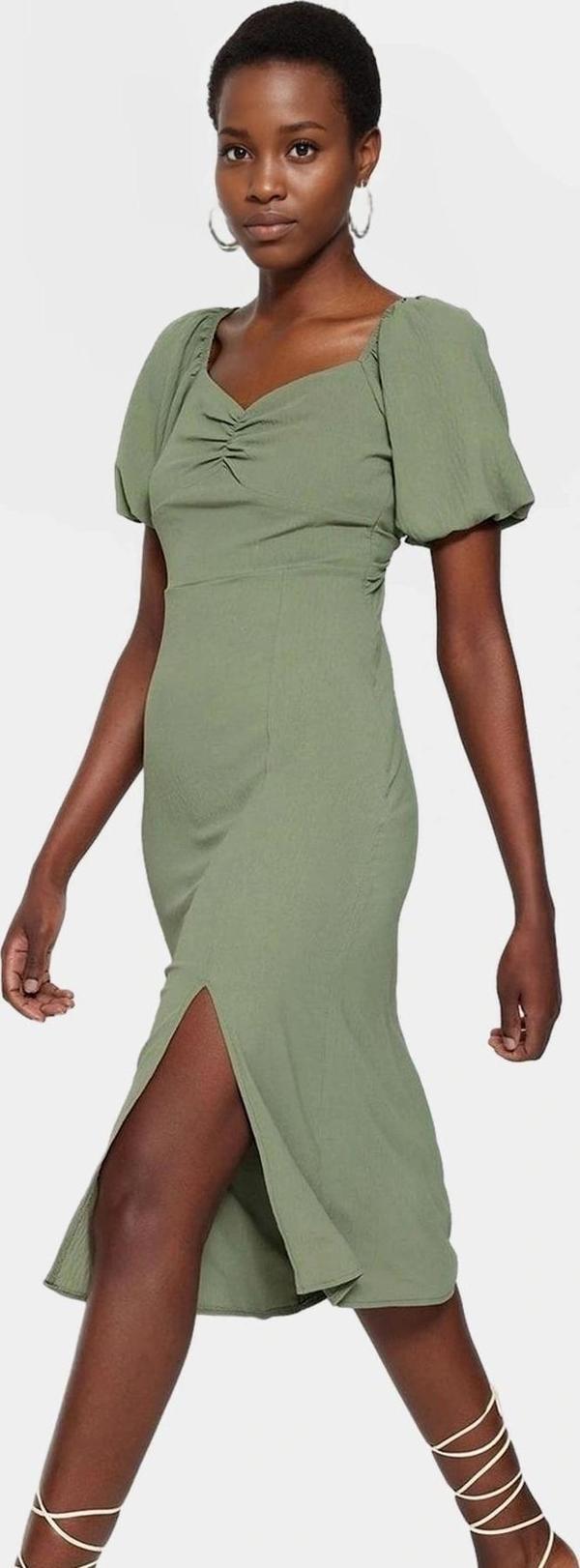 Rahat ve Şık Dokuma Elbise Midi Boy A line Kalp Yaka Yazlık Kombinler İçin Seçkin Malzeme - Image 1