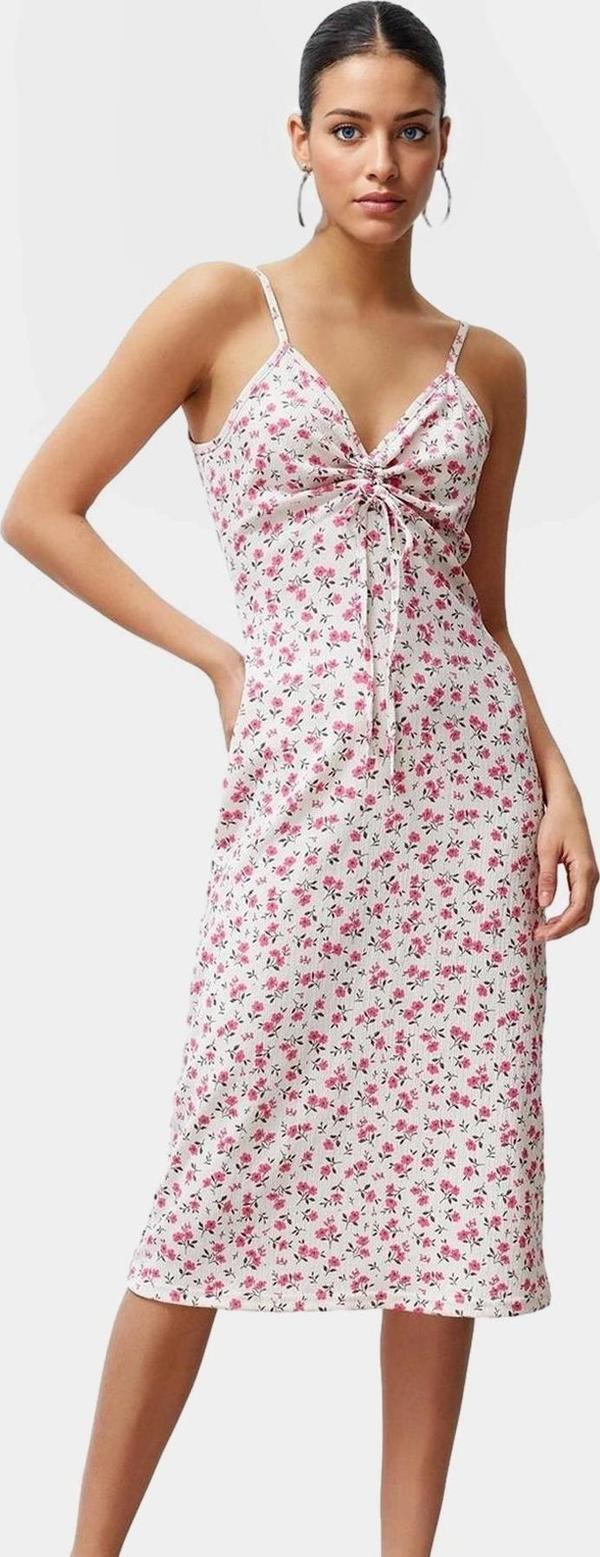 Şık Çiçekli A Line Midi Elbise Nefes Alan Örme Kumaş V Yaka İnce Askılı Trend Tasarım - Image 1