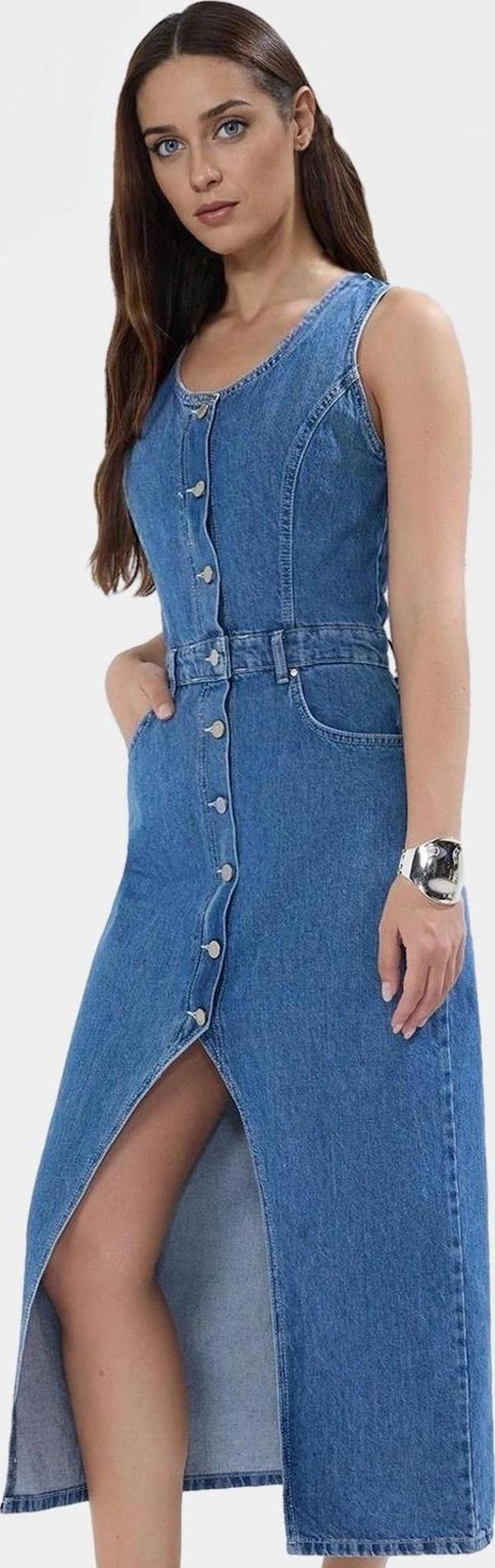 Pamuk Denim Midi Elbise Yırtmaçlı Düğmeli Havuz Yaka Şık Yazlık Profesyonel Görünüm - Image 1