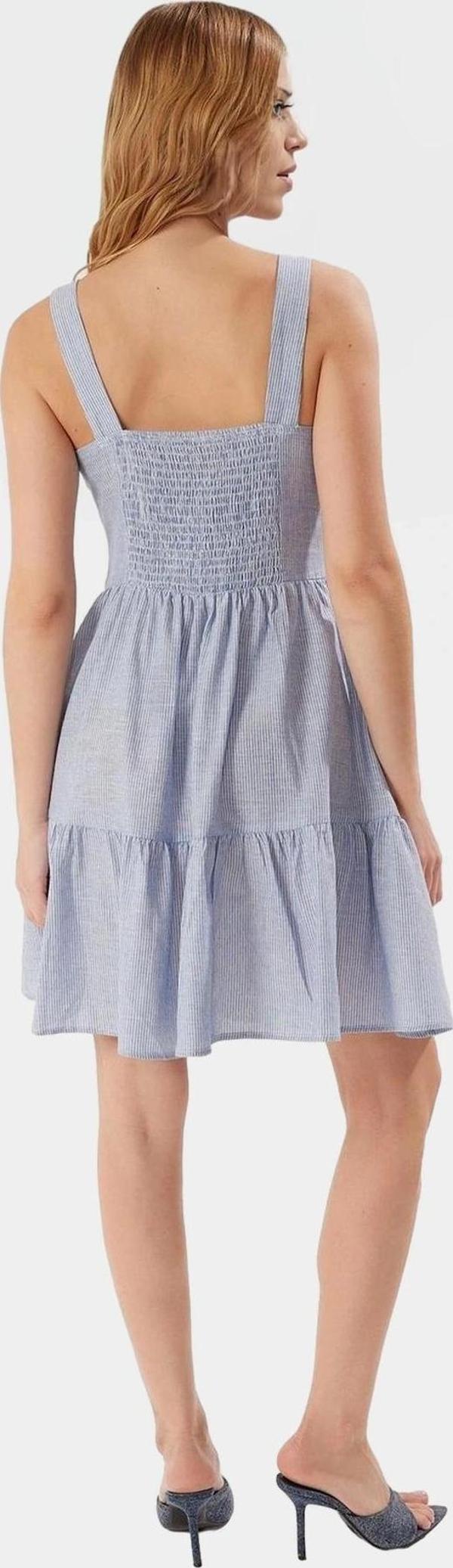 Pamuklu Dokuma Ekose Mini Elbise Kare Yaka Gipeli Belden Özenle Seçilmiş Trend Tasarım - Image 1