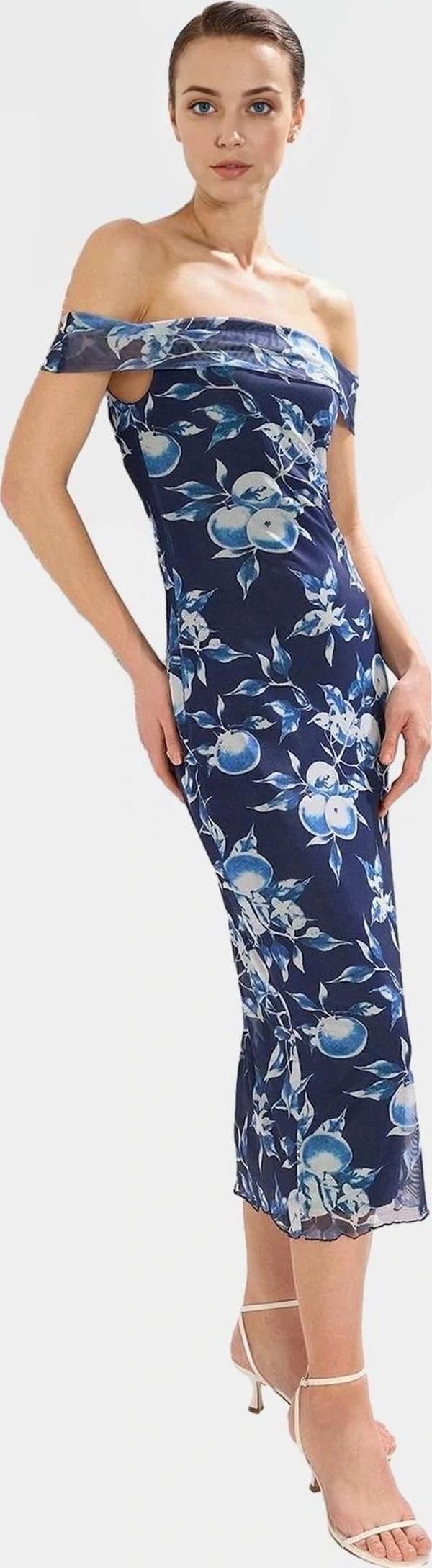 Çiçekli Bodycon Midi Elbise Tül Dokuma Carmen Yaka Rahat Kalıp Günlük Kullanım İçin - Image 1