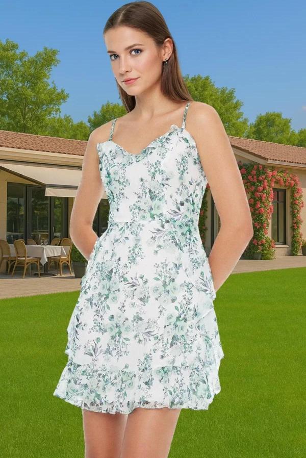 Astarlı Çiçekli Desenli Mini Şifon Elbise Rahat Yazlık Kıyafet Şık Görünüm Profesyonel Görünüm - Image 1