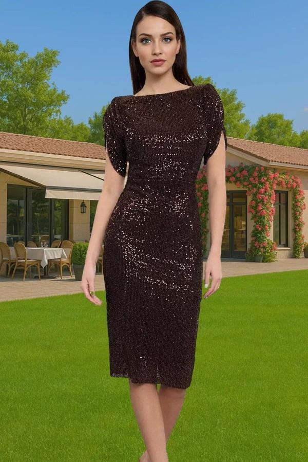 Şık Bodycon Abiye Elbise Payet İşlemeli Polyester Karışımlı Midi Boy Seçkin Malzeme - Image 1