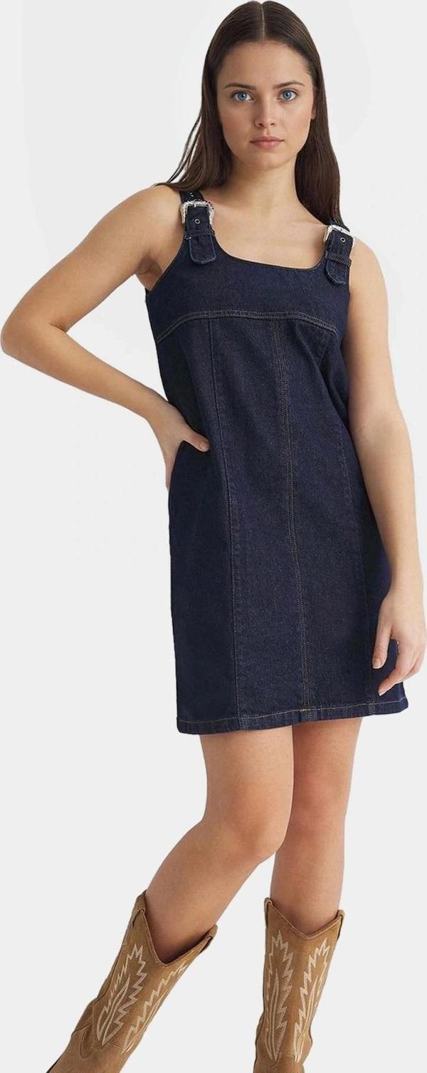 Yazlık Pamuklu Denim Elbise Bisiklet Yaka Ayarlanabilir Askılar Mini Boy Zarifane Tasarım - Image 1