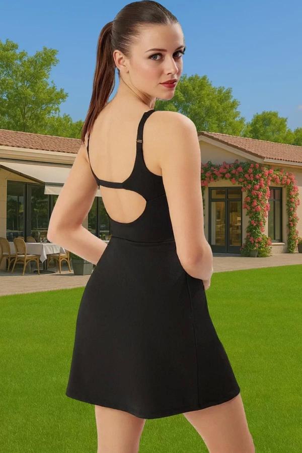 Kadın Siyah Spor Elbise İnce Askılı Mini Örme Kumaş Premium Kalite Şık Görünüm Şık Görünüm - Image 1