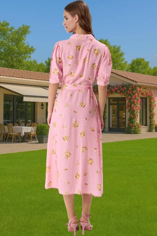 Kadın Şık Midi Boy Viskoz Elbise Animal Desenli Kuşak Detayı Casual Rahat Kullanım Şık Görünüm - Image 1