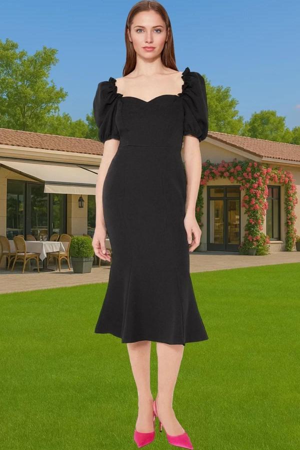 Şık Kalp Yaka Kısa Kollu Polyester Abiye Elbise Premium Kalite Dayanıklı Malzeme Kaliteli İşçilik - Image 1