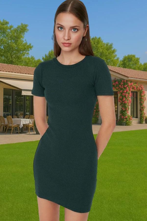 Kadın Bisiklet Yaka Kısa Kollu Mini Elbise Polyester Örme Günlük Kaliteli İşçilik Şık Görünüm - Image 1