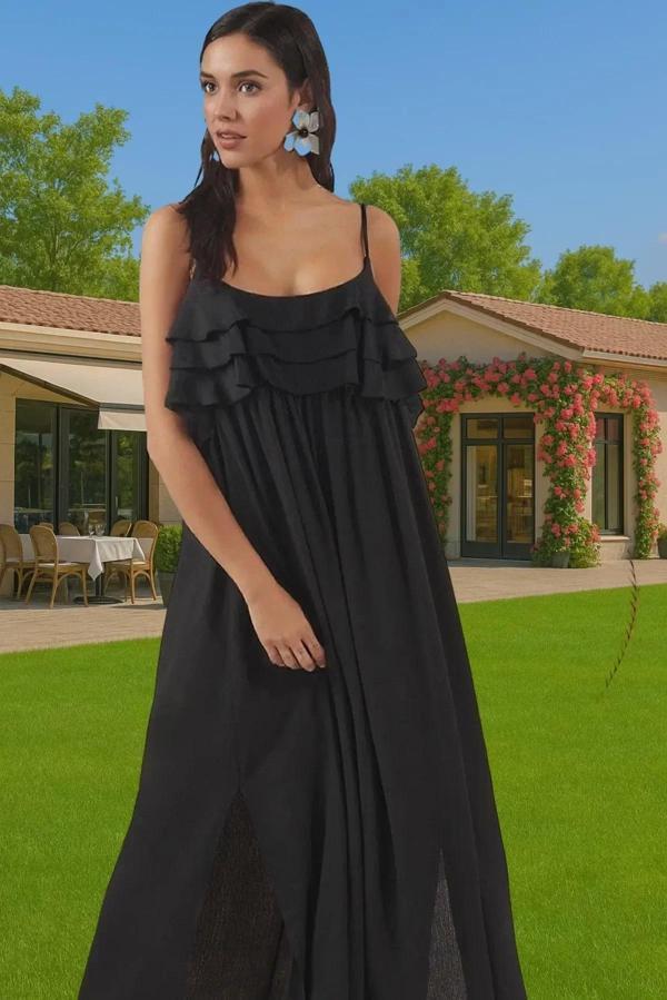Viskoz Crinkle Kumaş Maxi Plaj Elbisesi Volanlı Detaylar ile Yazlık Özel Tasarım Trend Tasarım - Image 1