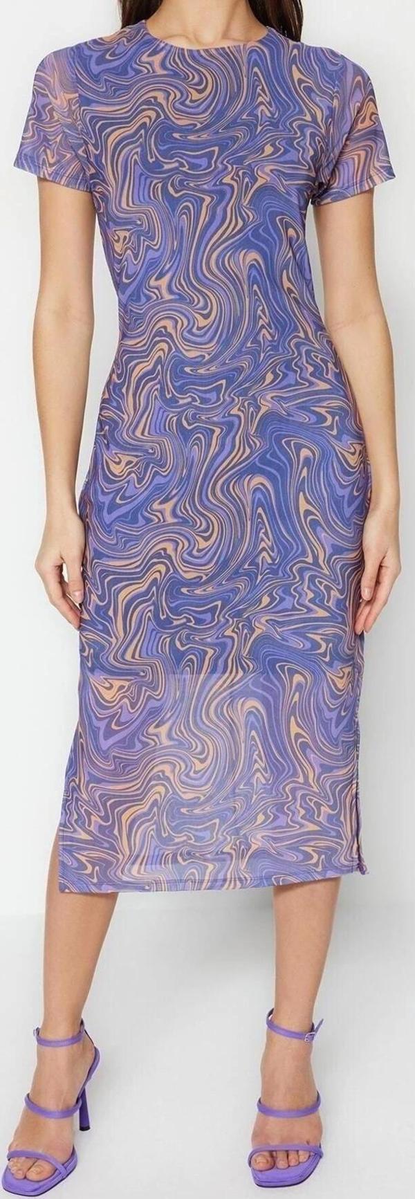 Moda Slim Gündüz Gece Tül Örme Bisiklet Yaka Kısa Kol Bodycone Midi Boy Elbise - Image 1