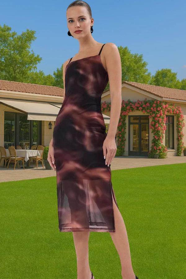 Esnek Bodycon Midi Elbise Kare Yaka Tül Kumaş Yazlık Kaliteli İşçilik Yüksek Kalite Premium Kalite - Image 1