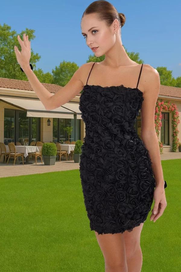 Mini Boy Straplez Gül Aplike Detaylı Abiye Elbise Özel Günler İçin Şık Görünüm Özel Tasarım - Image 1