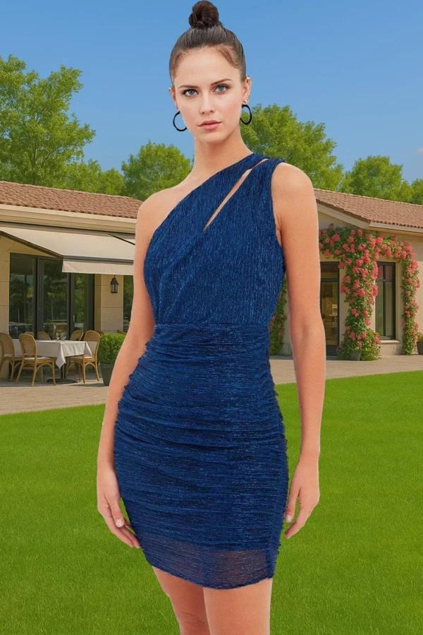 Asimetrik Yaka Tek Omuz Bodycon Mini Örme Elbise Polyester Metalik Mezuniyet Dayanıklı Malzeme - Image 1