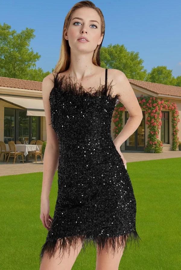 Siyah Örme Payetli Mini Abiye Elbise Otriş Detaylı Mezuniyet Özenle Seçilmiş Modern Stil Modern Stil - Image 1